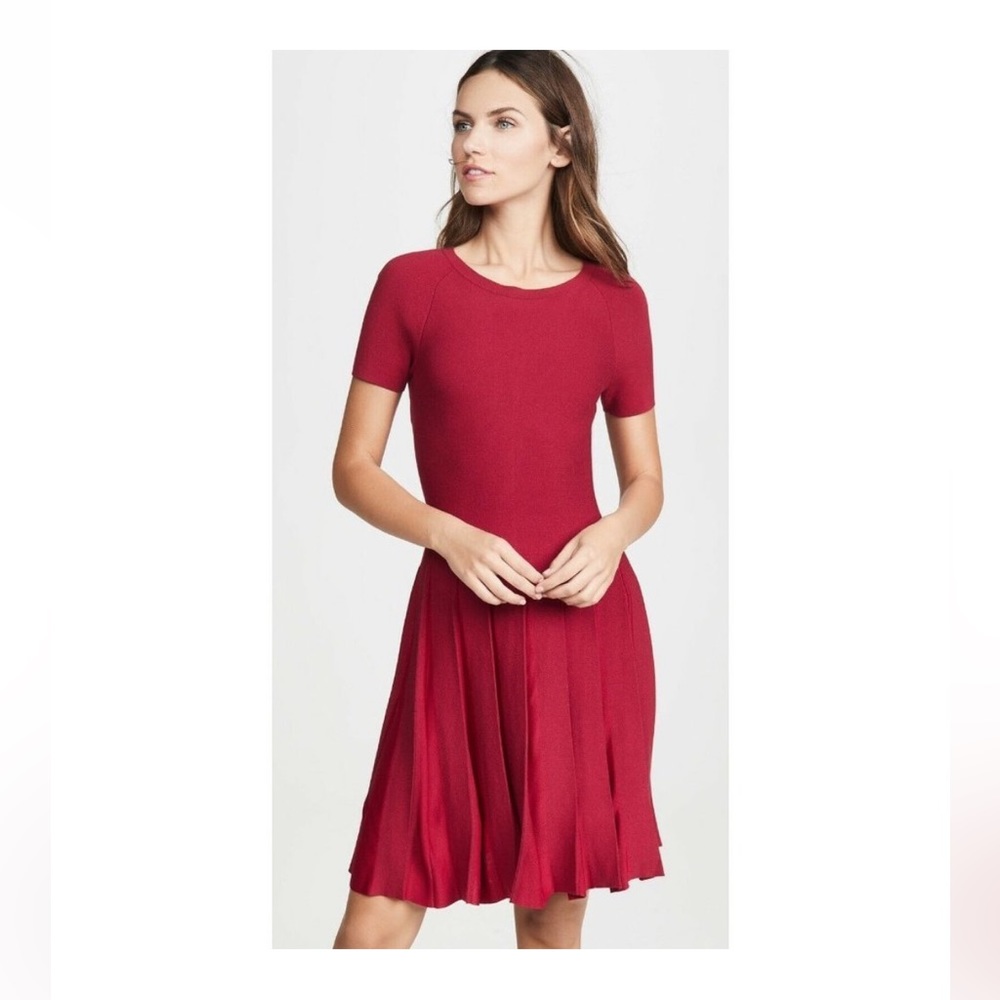 THEORY Pleat Tee Dress in Compact Sweater Knit Dark Crimson/Prosecco NWT size M